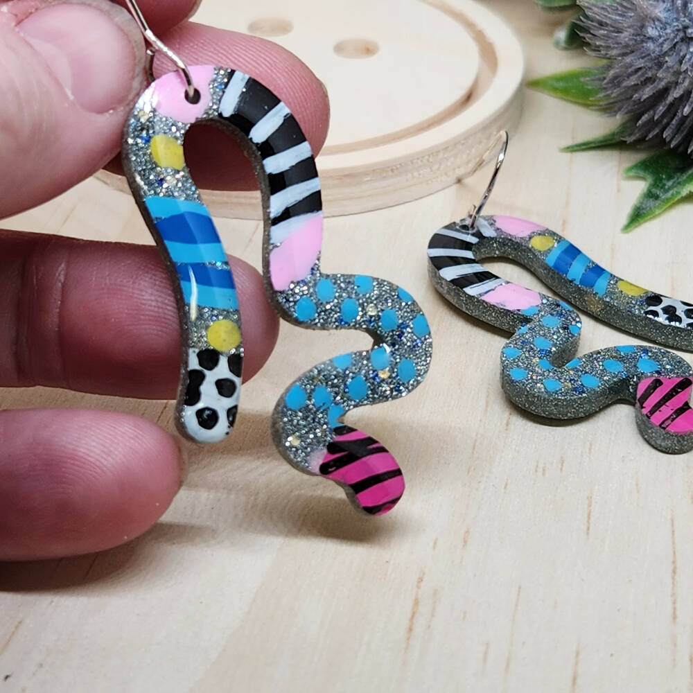 Dangle Earrings Squiggles Hand Painted Handcast Resin - Hook