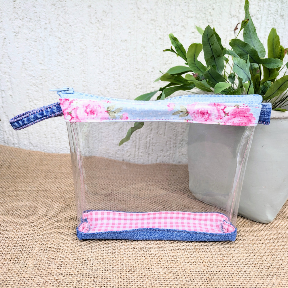 Travel Pouch Organiser Upcycled Denim Pink Rose