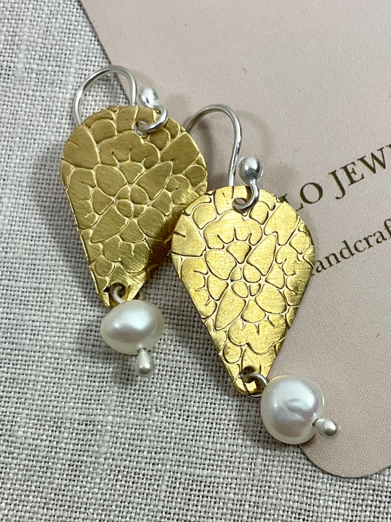 Brass teardrop earrings with pearls. Handmade