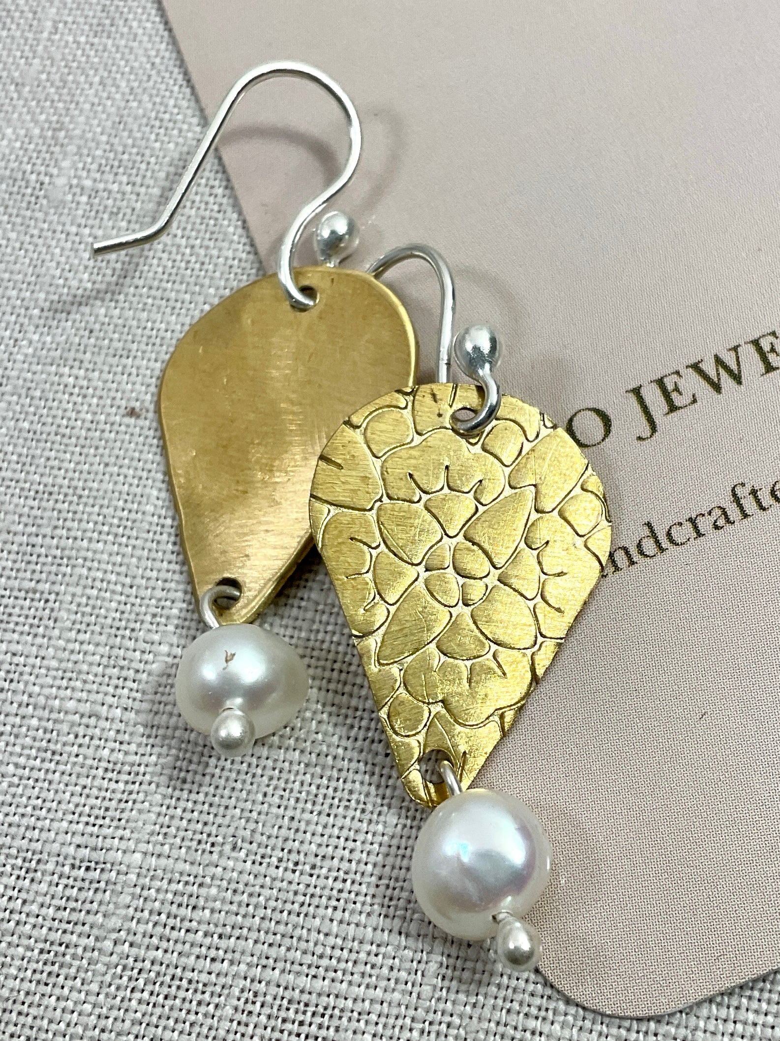 Brass teardrop earrings with pearls. Handmade