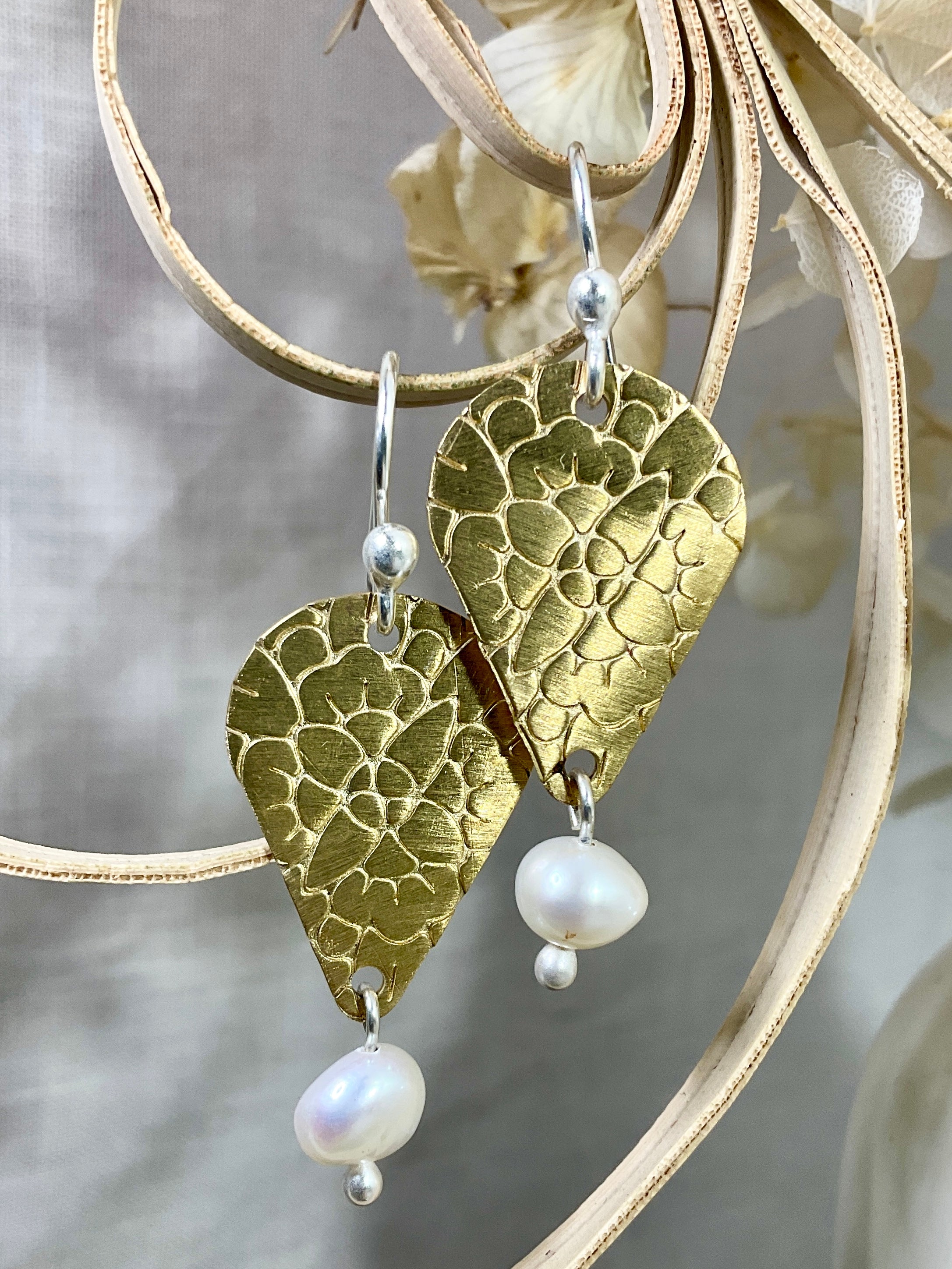 Brass teardrop earrings with pearls. Handmade