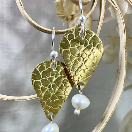 Brass teardrop earrings with pearls. Handmade