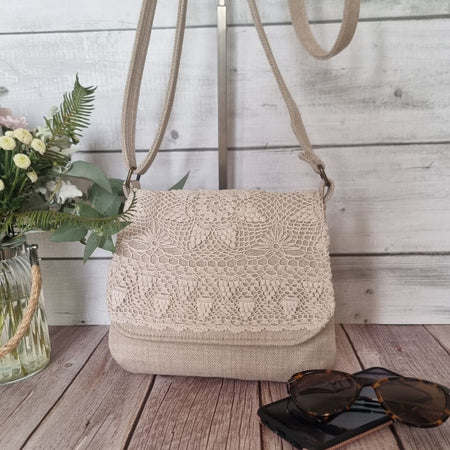 Upcycled small messenger bag - cream & vintage lace