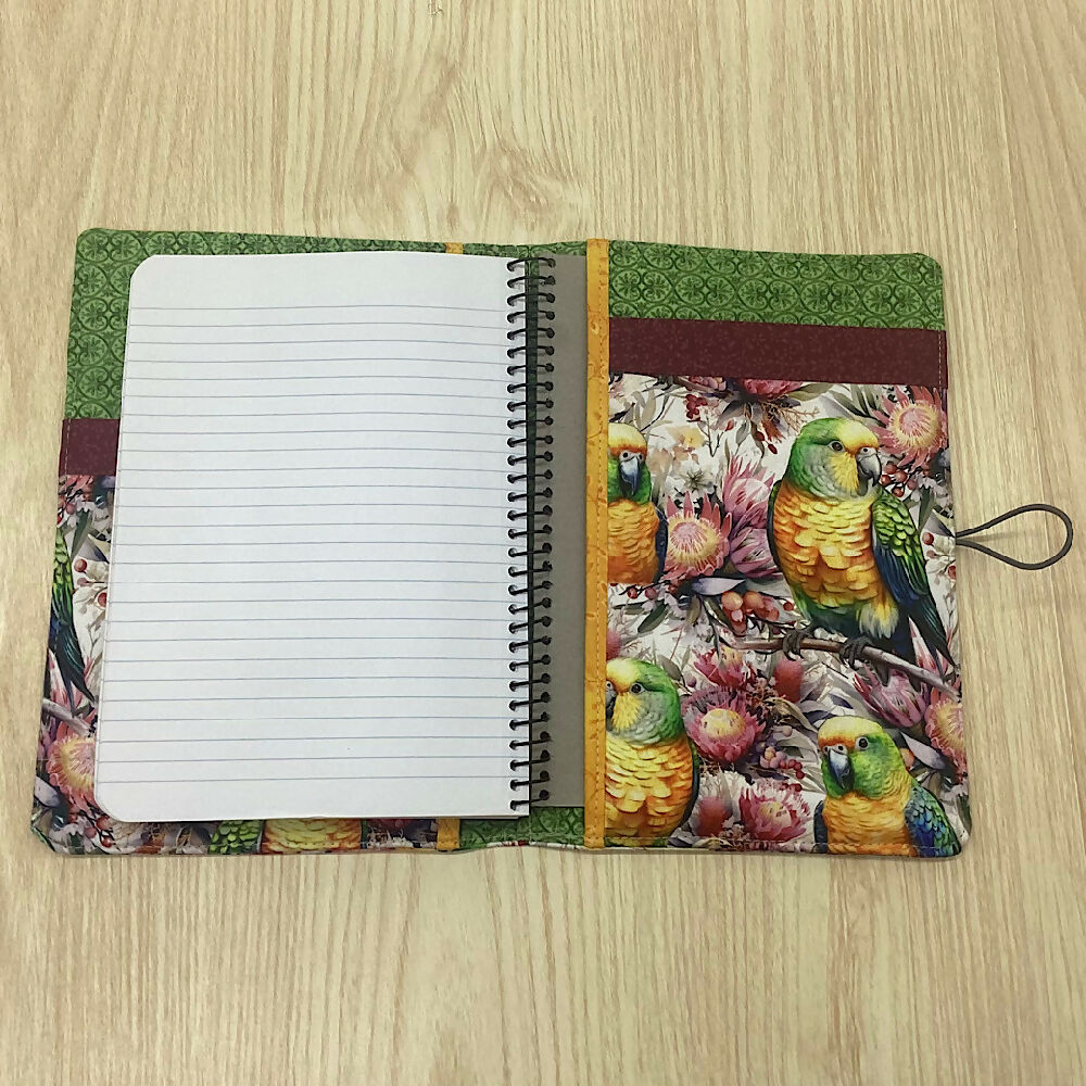 Australian birds parrots refillable A5 fabric notebook cover gift set - Incl. book and pen.