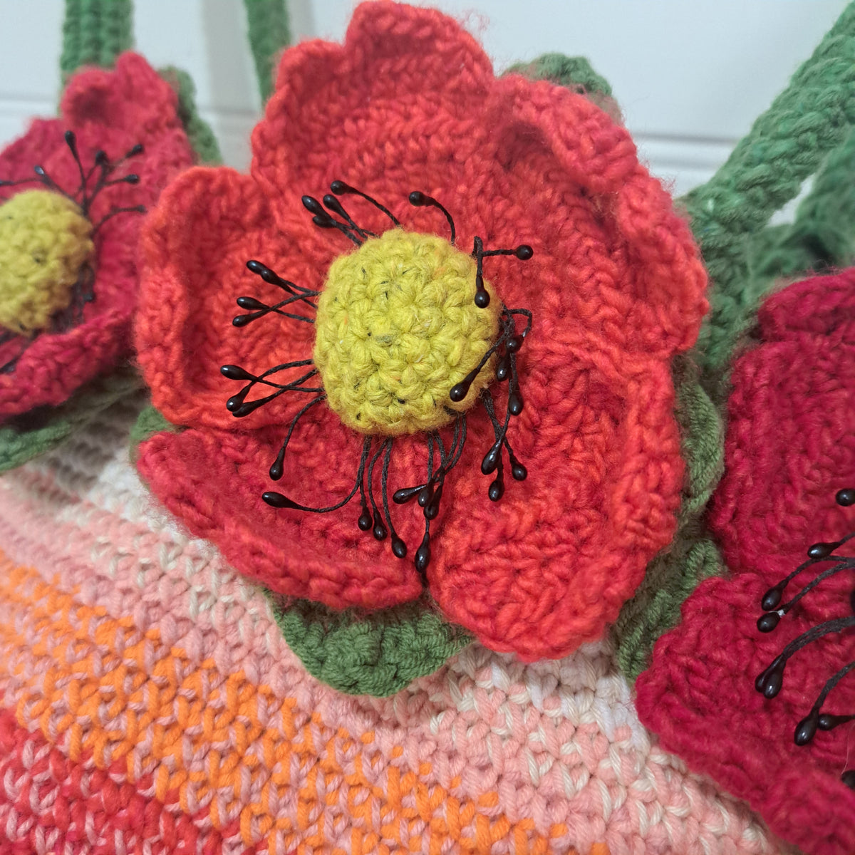 Handmade Crochet tote bag big red poppies lined