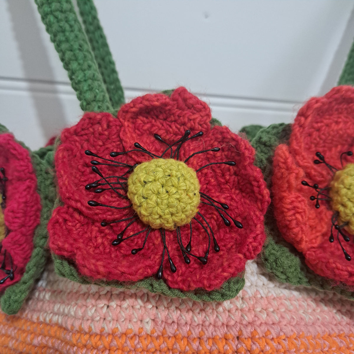 Handmade Crochet tote bag big red poppies lined