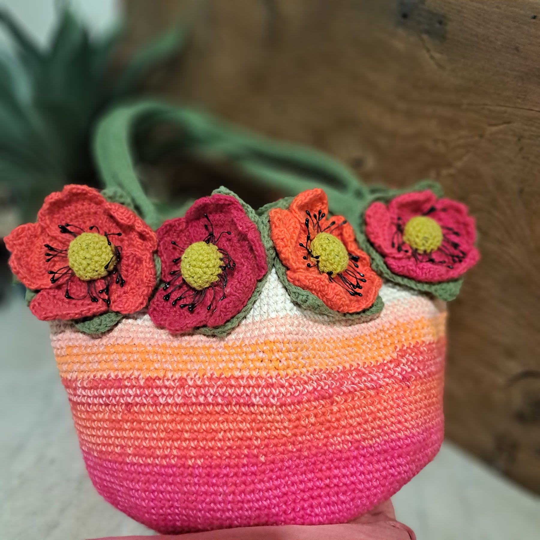 Handmade Crochet tote bag big red poppies lined