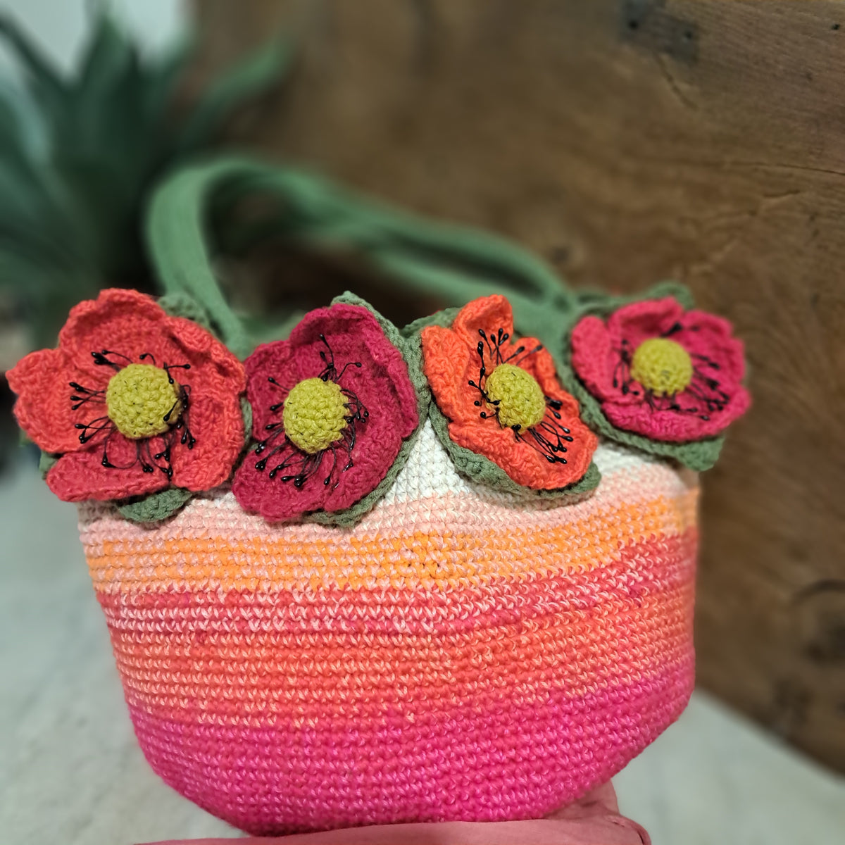 Handmade Crochet tote bag big red poppies lined