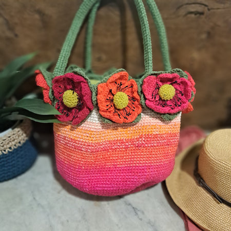 Handmade Crochet tote bag big red poppies lined