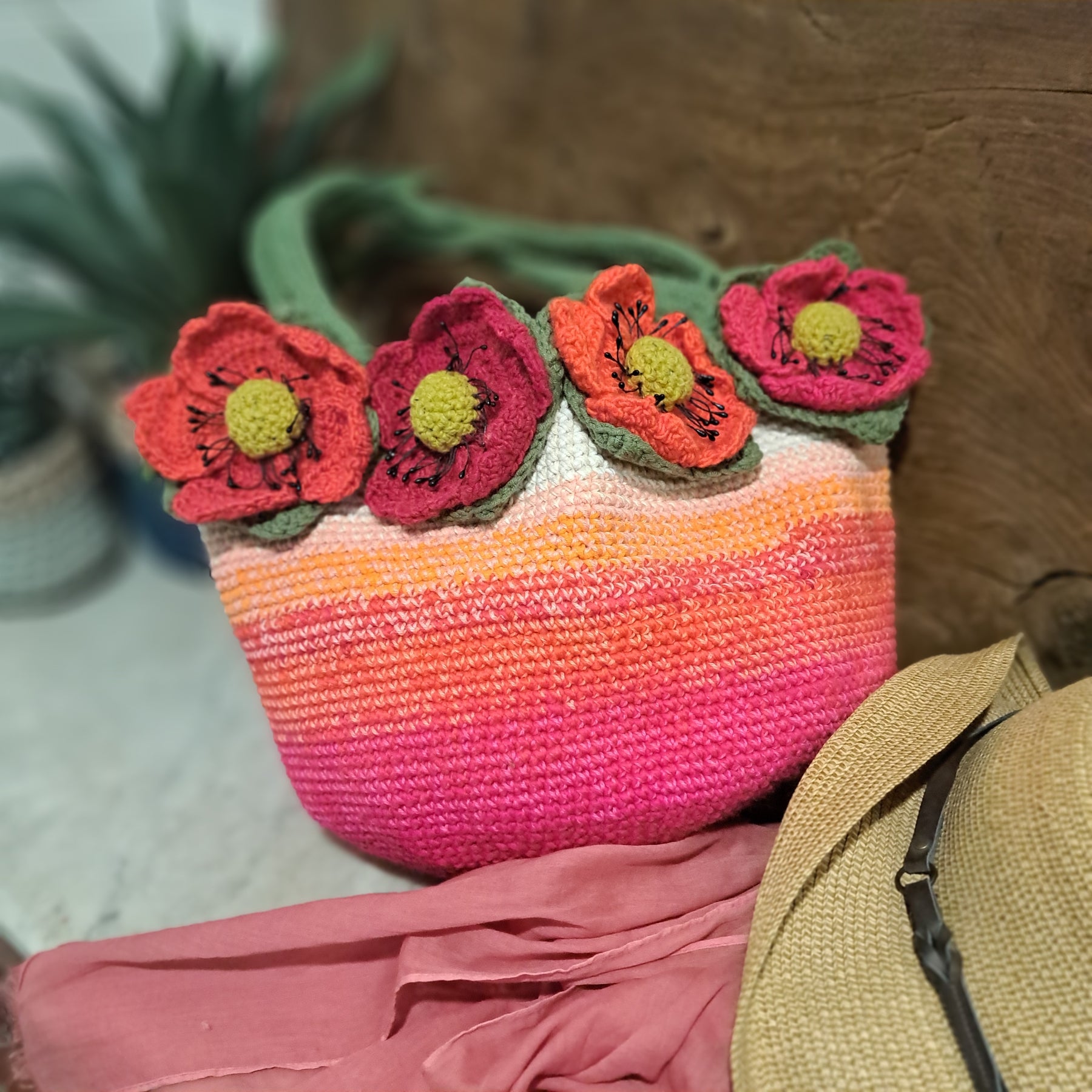 Handmade Crochet tote bag big red poppies lined