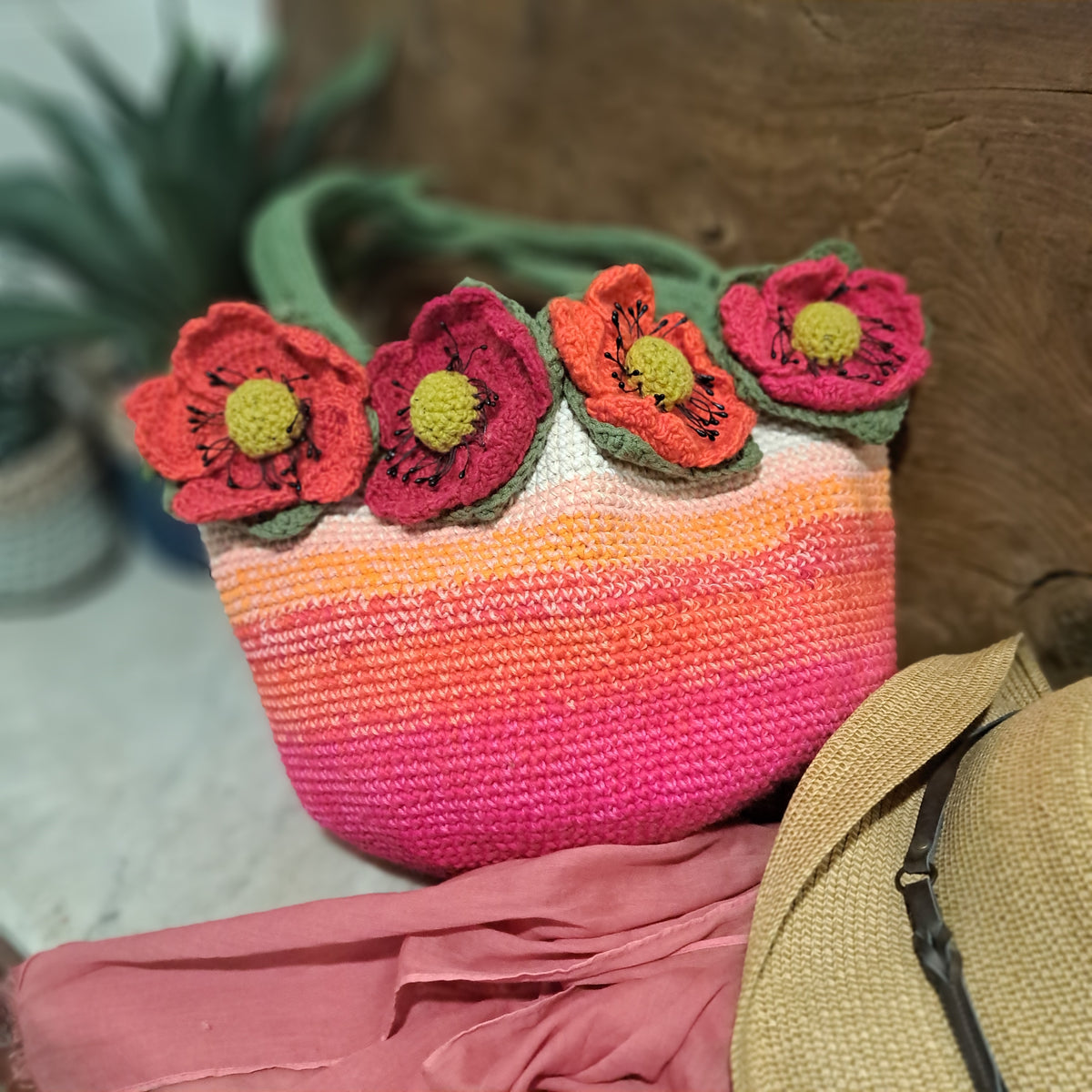Handmade Crochet tote bag big red poppies lined