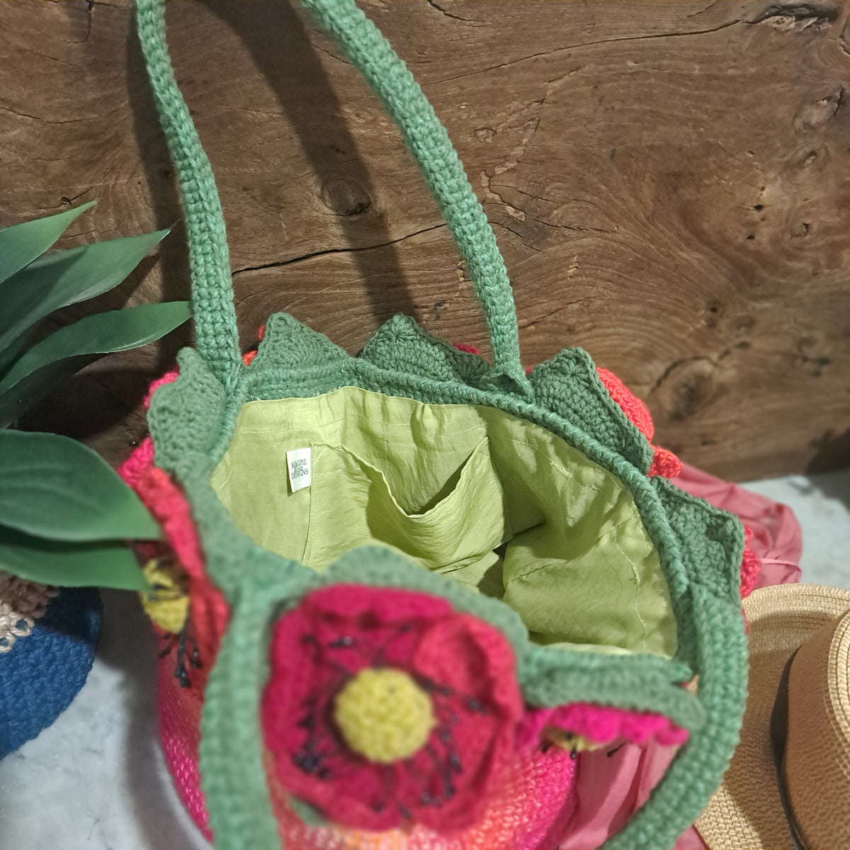 Handmade Crochet tote bag big red poppies lined