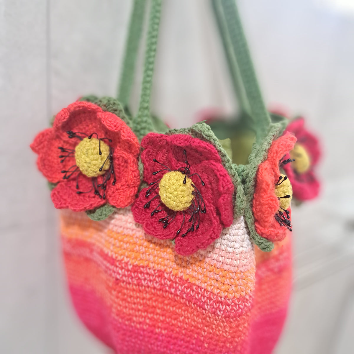 Handmade Crochet tote bag big red poppies lined