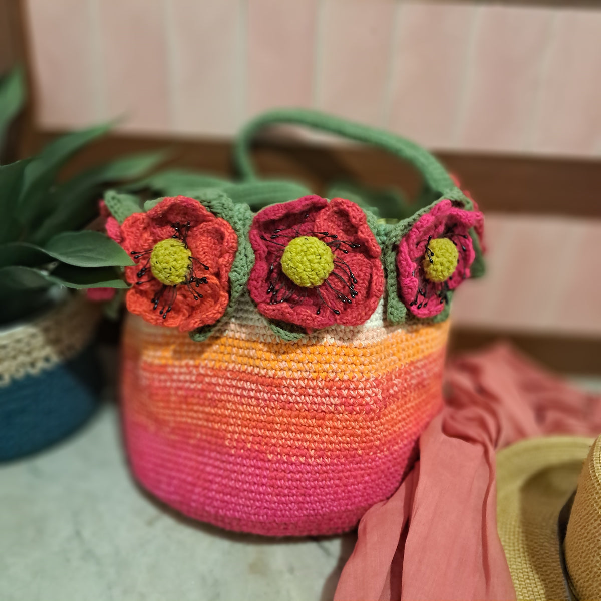 Handmade Crochet tote bag big red poppies lined