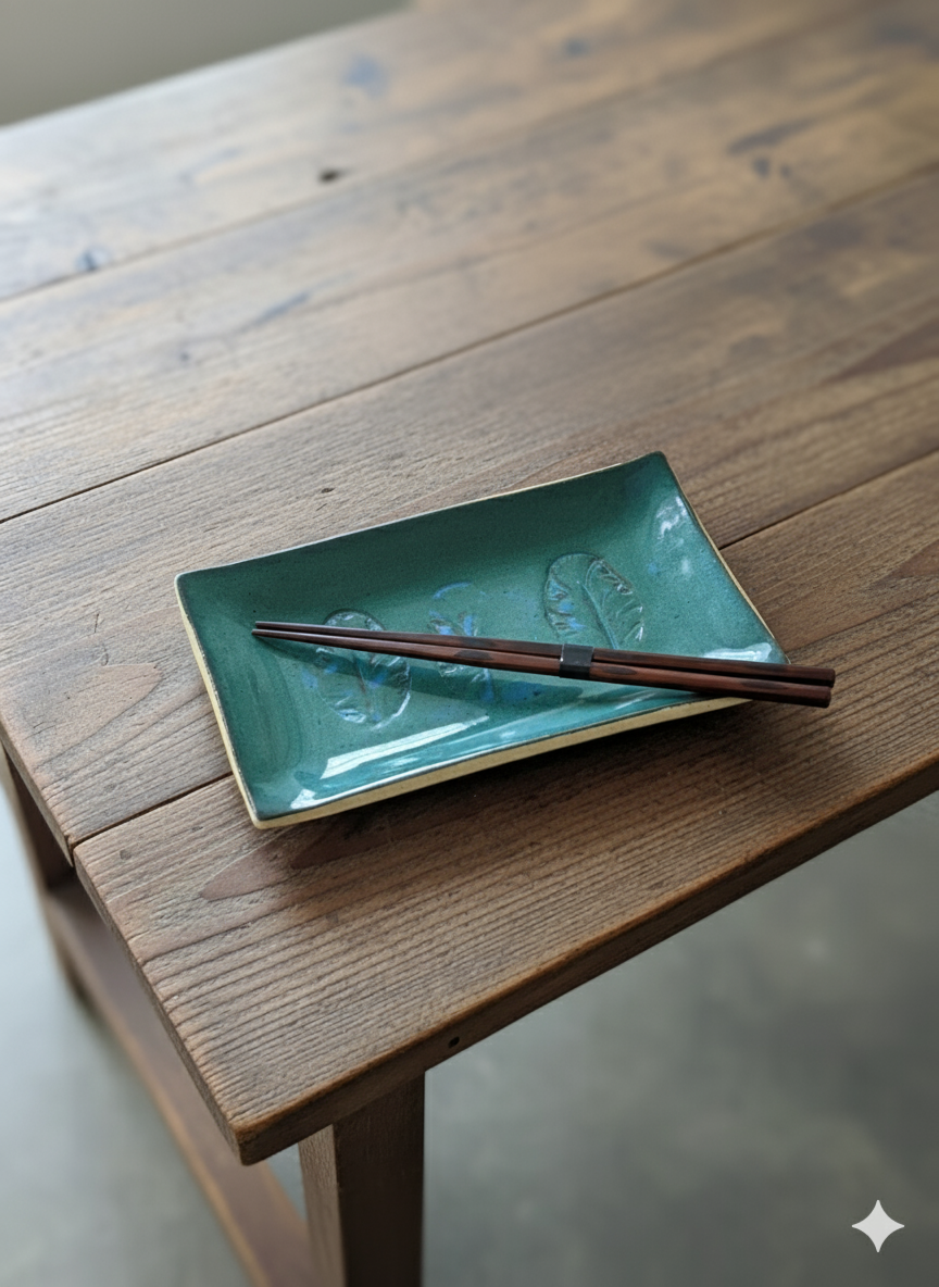 Ceramic Artisan-style sushi plate with a vibrant green glaze and leaf imprint.