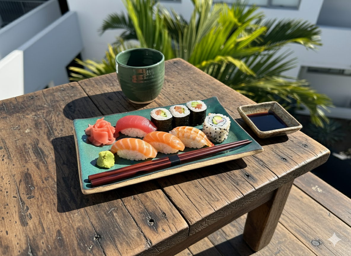 Ceramic Artisan-style sushi plate with a vibrant green glaze and leaf imprint.