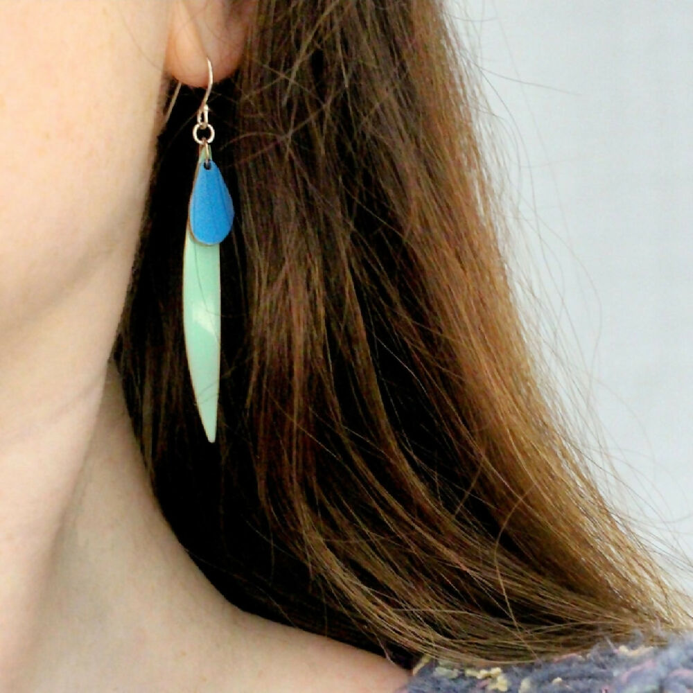 Green and blue leaf earrings