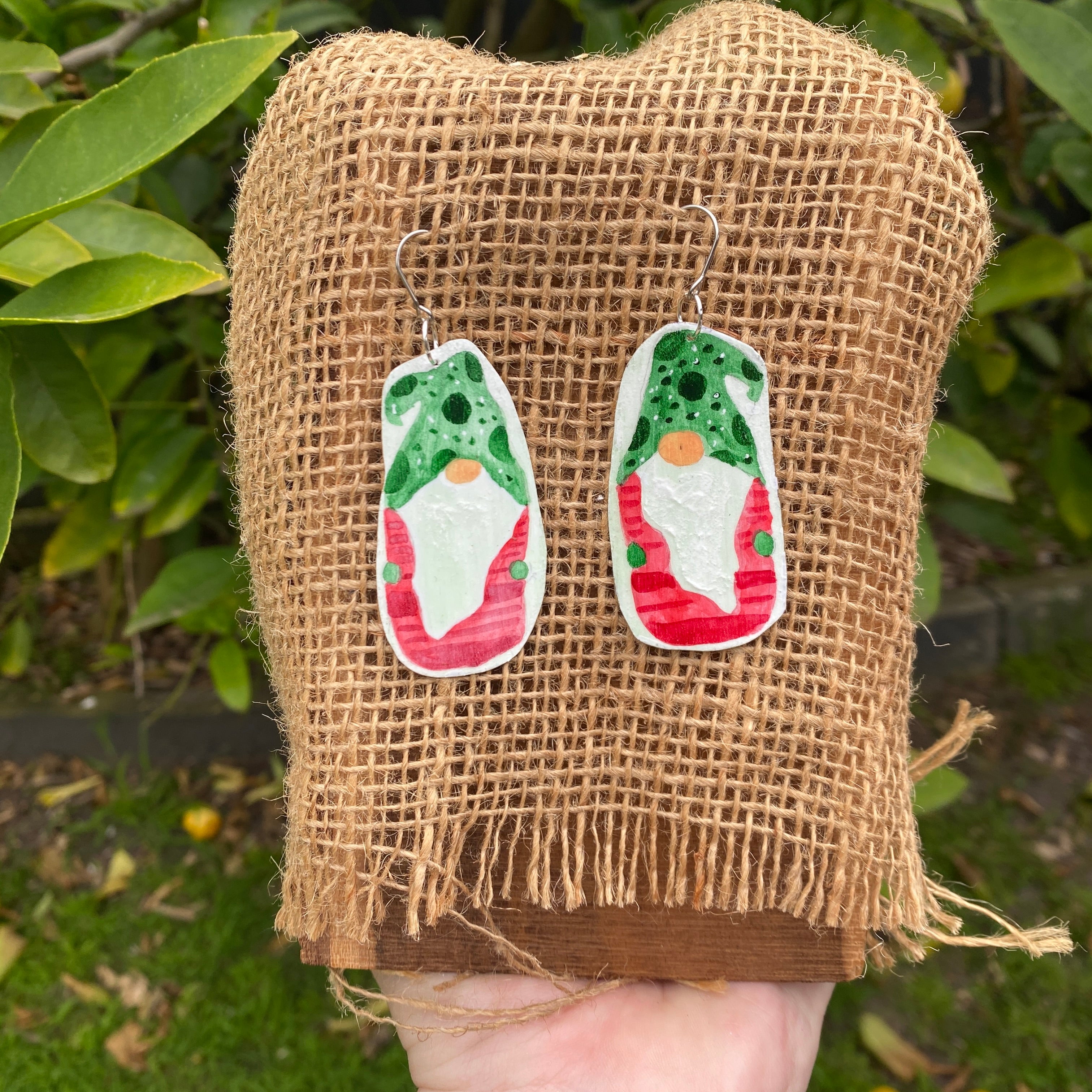 Christmas Gnome Earrings – Hand-painted Brass Jewellery