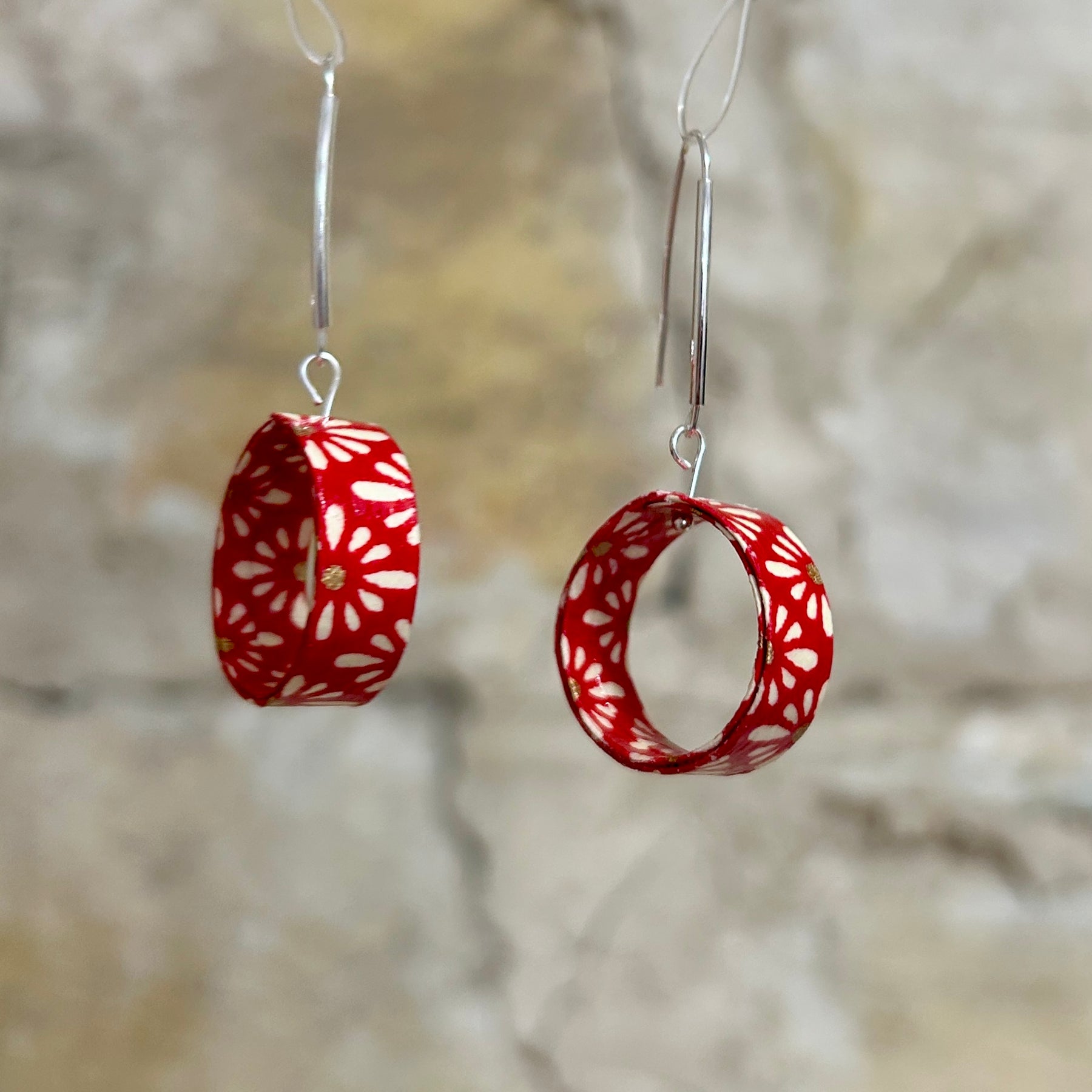 Earrings Red White Japanese Paper Hoop Style