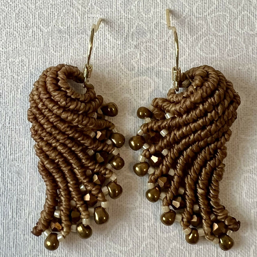 Brown Shell Micro Macrame Earrings +Free Microfibre Pouch