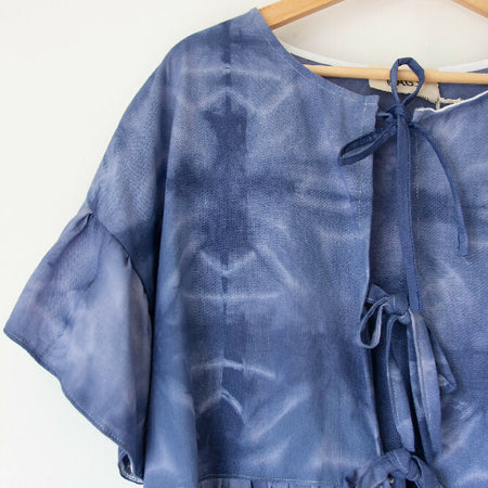 Shibori indigo front-tie shirt