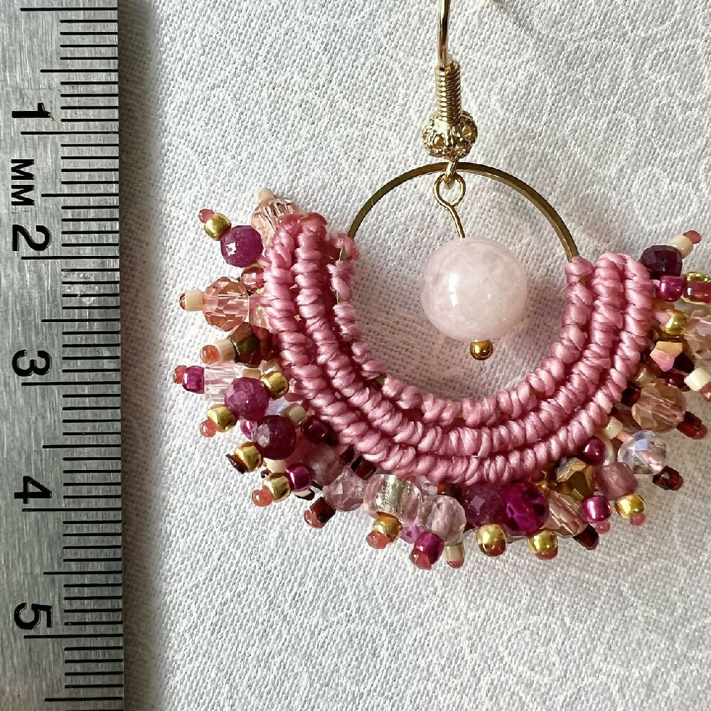 Pink Shades Micro Macrame Earrings gemstone +Free Microfiber Pouch