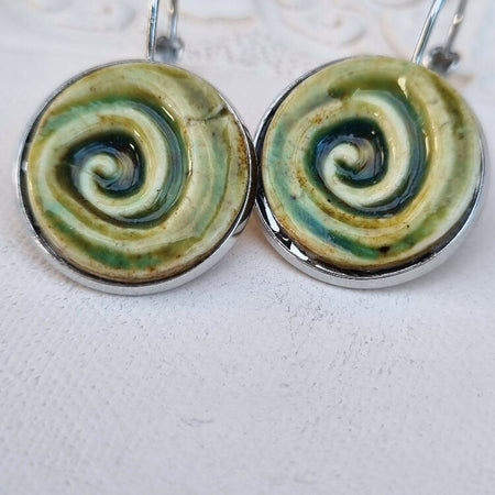 Artisan Ceramic Earrings, one-off, Green, pierced ears, 18mm