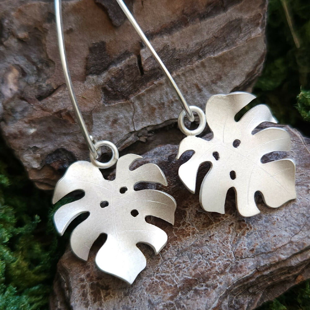 Sterling silver Monstera dangles in matte finish