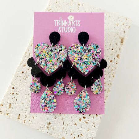 Large Frilly Love Heart Glitter Dangle Earrings