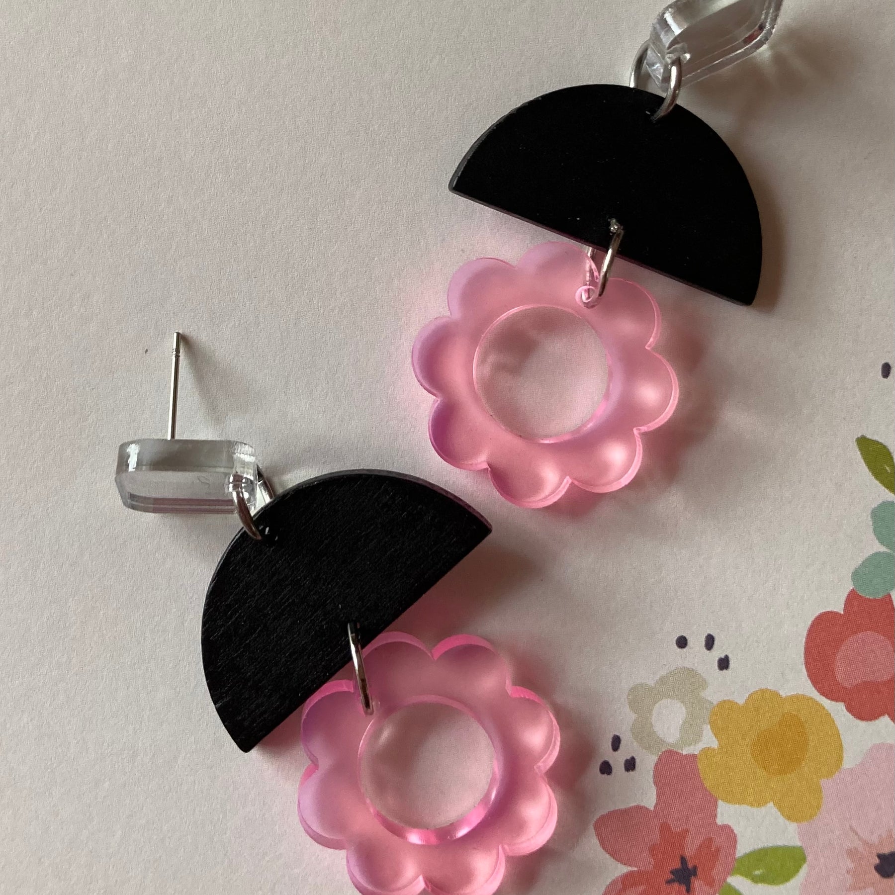Triple layer pink flower earrings