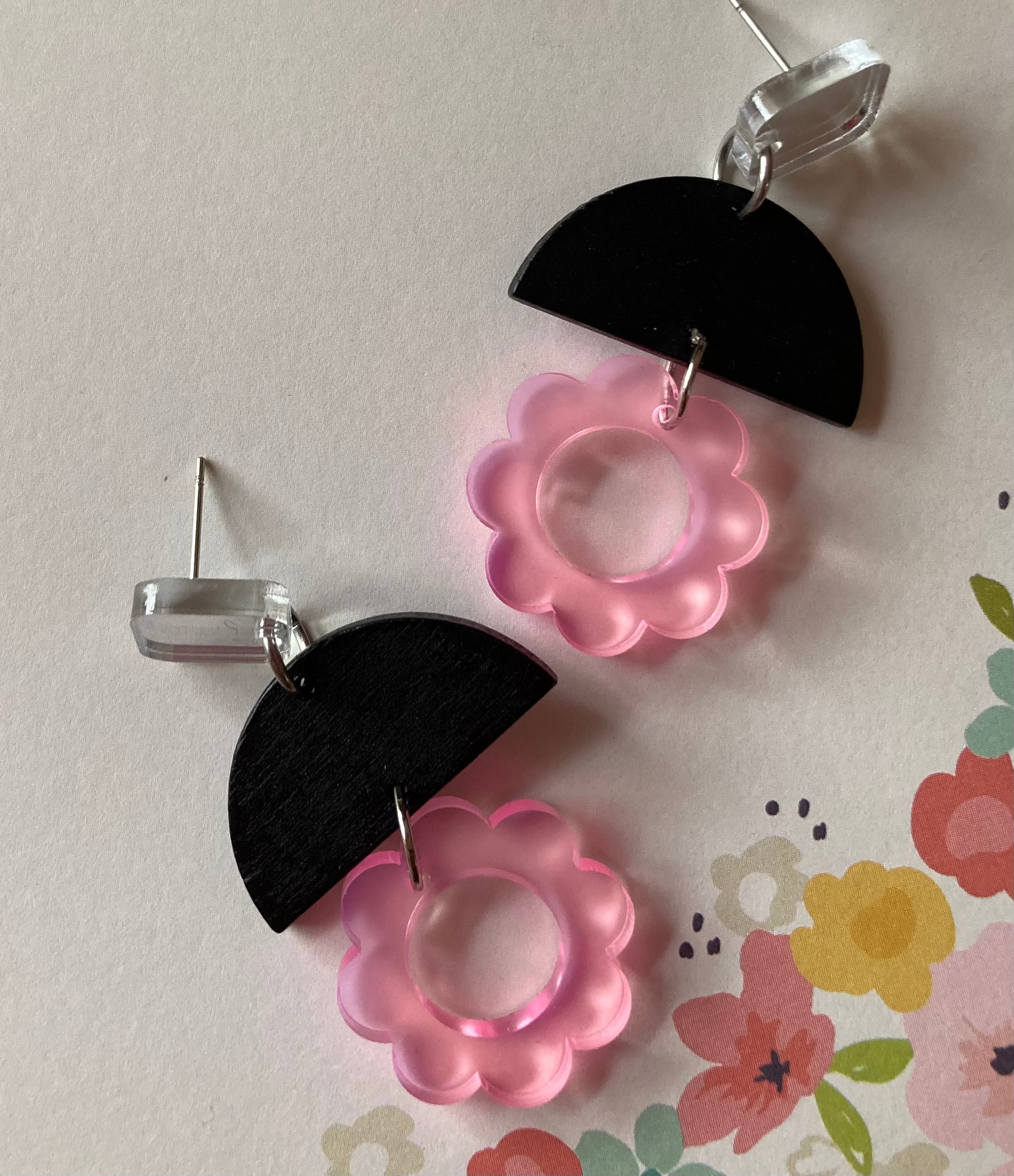 Triple layer pink flower earrings