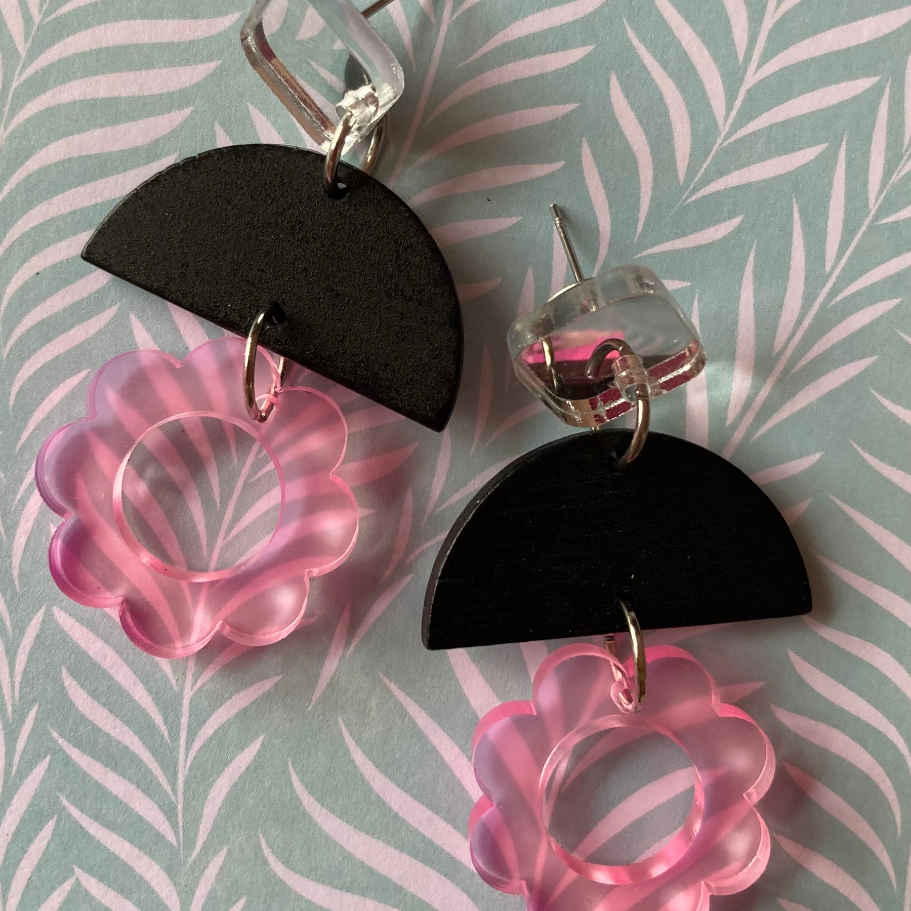 Triple layer pink flower earrings