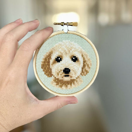 Handmade | Cross Stitched | Goldendoodle | Framed Wall Art | Decor | Ready to Ship