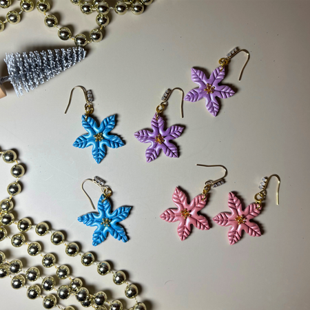 Pastel Poinsettia Dangle Earrings – Handmade Polymer Clay Jewellery