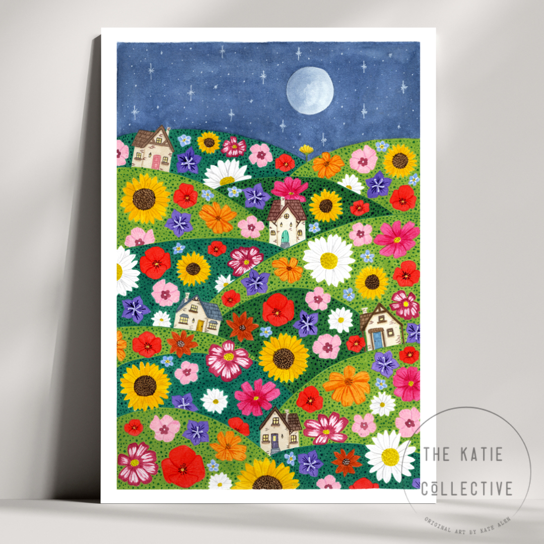 Watercolour Art Print - 'Wildflower Village'