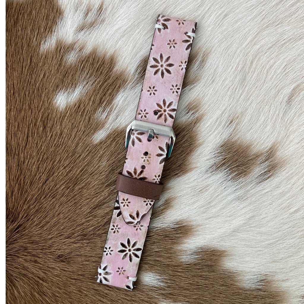 Leather embossed watch band - pretty pink with daisies
