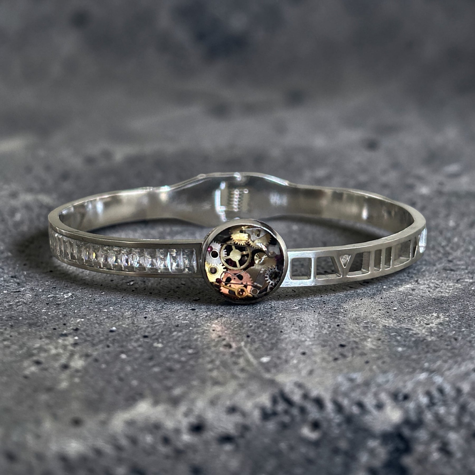 Steampunk watch parts hinged bangle