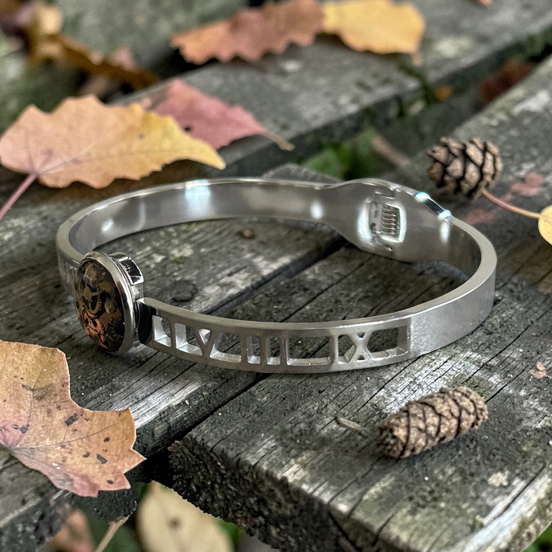 Steampunk watch parts hinged bangle