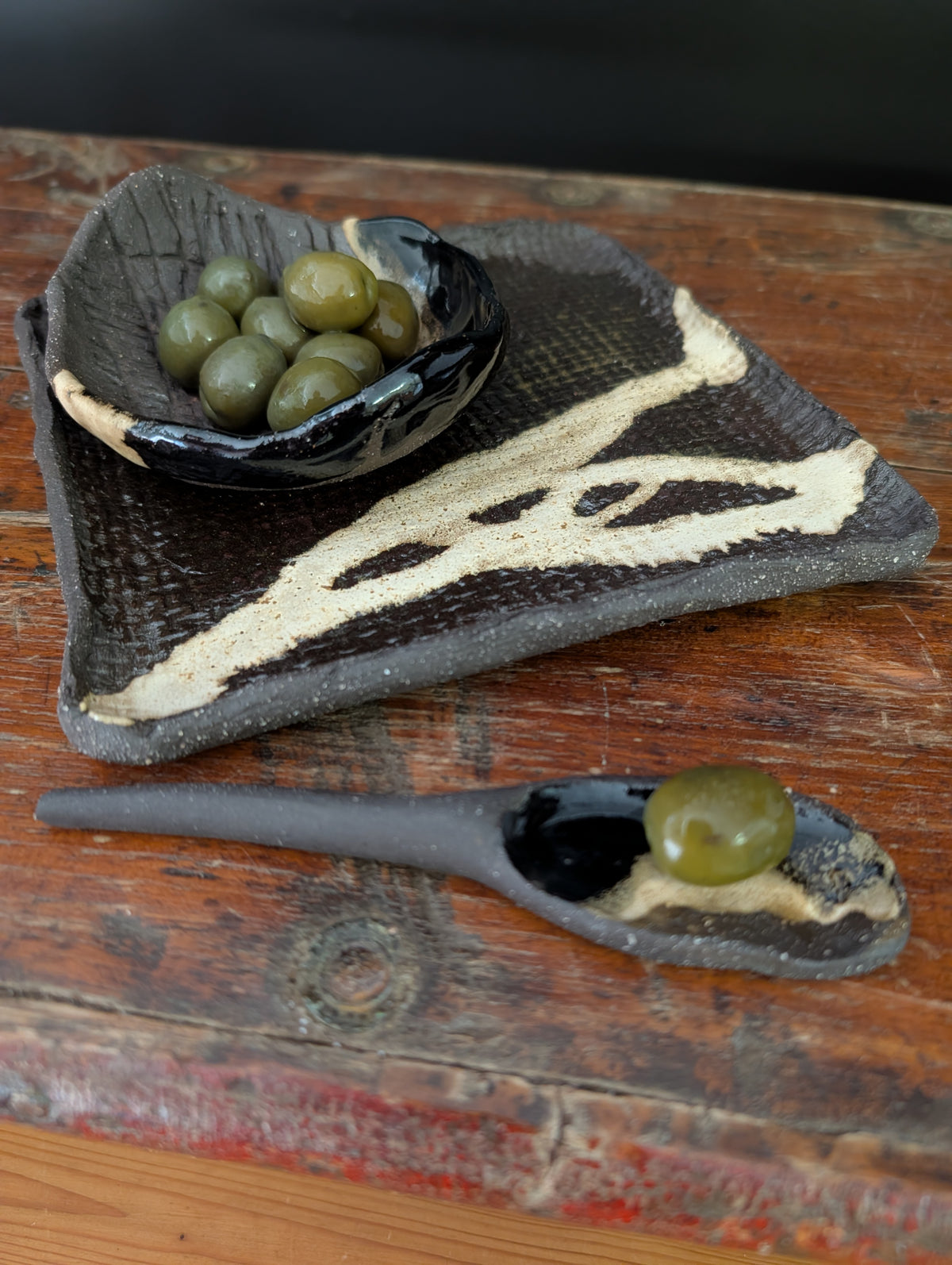 Small Handbuilt Ceramic Platter + Matching Bowl and Spoon | Modern Rustic • Earthy Minimalism • Stoneware