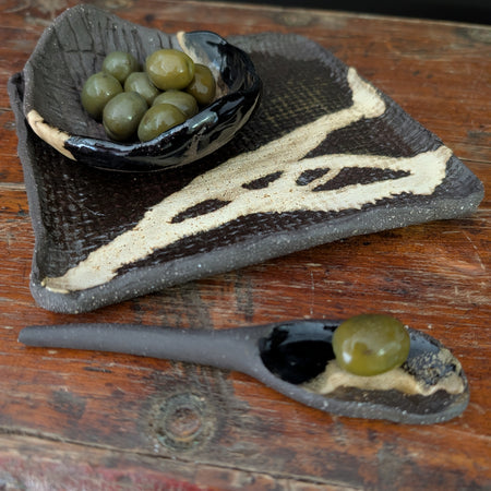 Small Handbuilt Ceramic Platter with Matching Bowl and Spoon - Rustic Stoneware Set