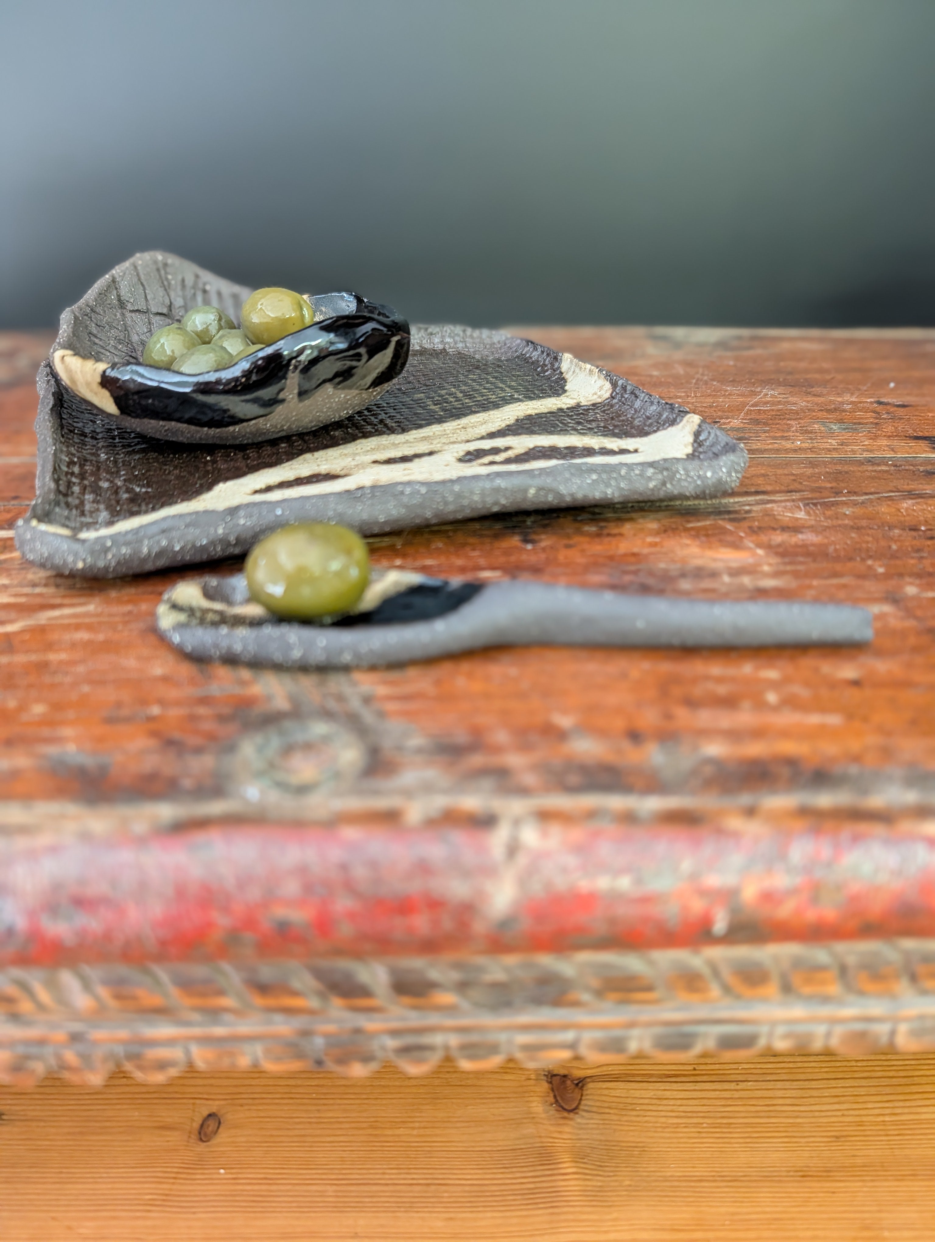 Small Handbuilt Ceramic Platter with Matching Bowl and Spoon - Rustic Stoneware Set