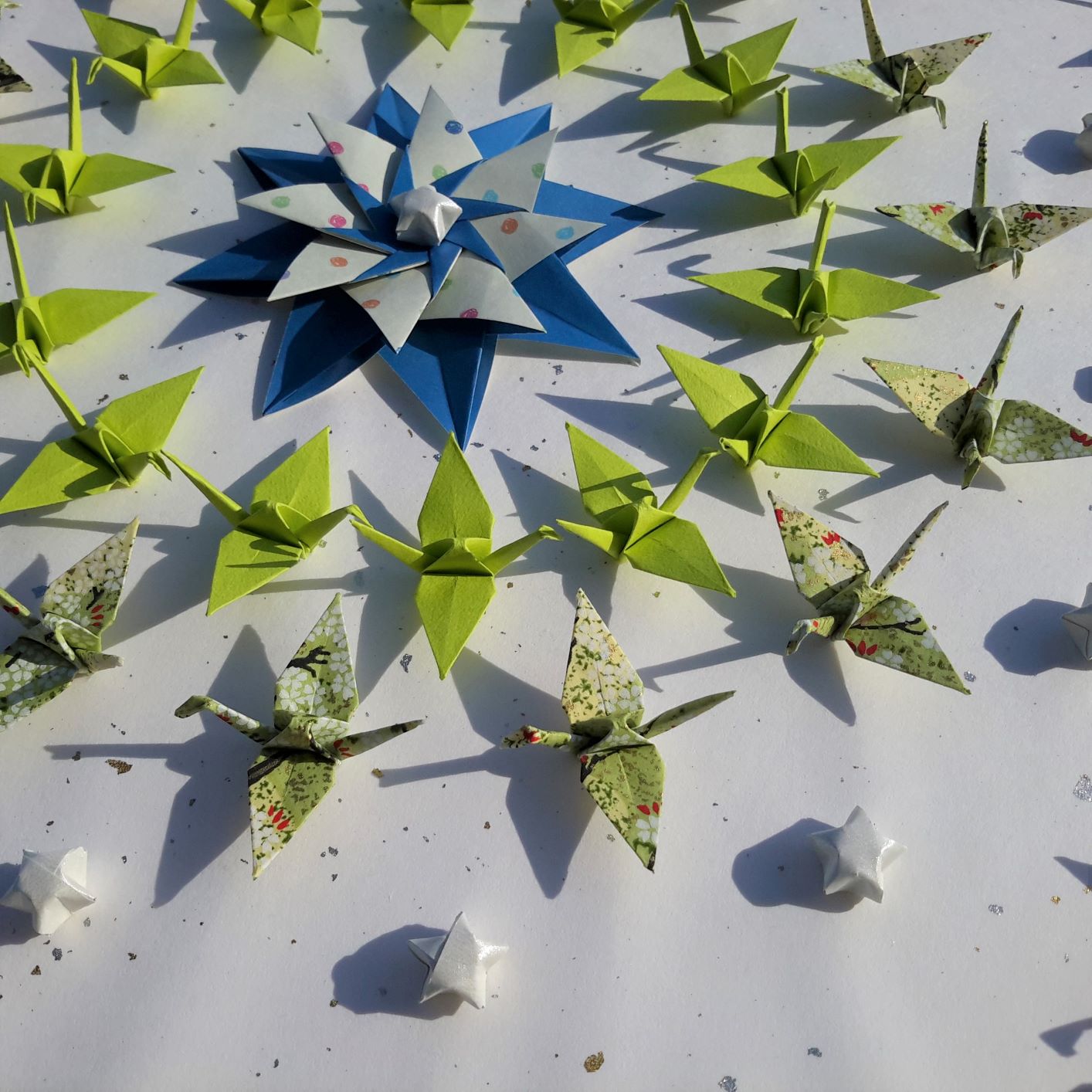 Together we fly - greens and blues - papercranes good luck