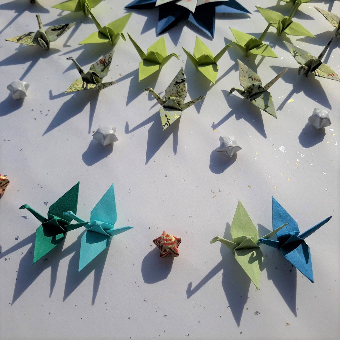 Together we fly - greens and blues - papercranes good luck