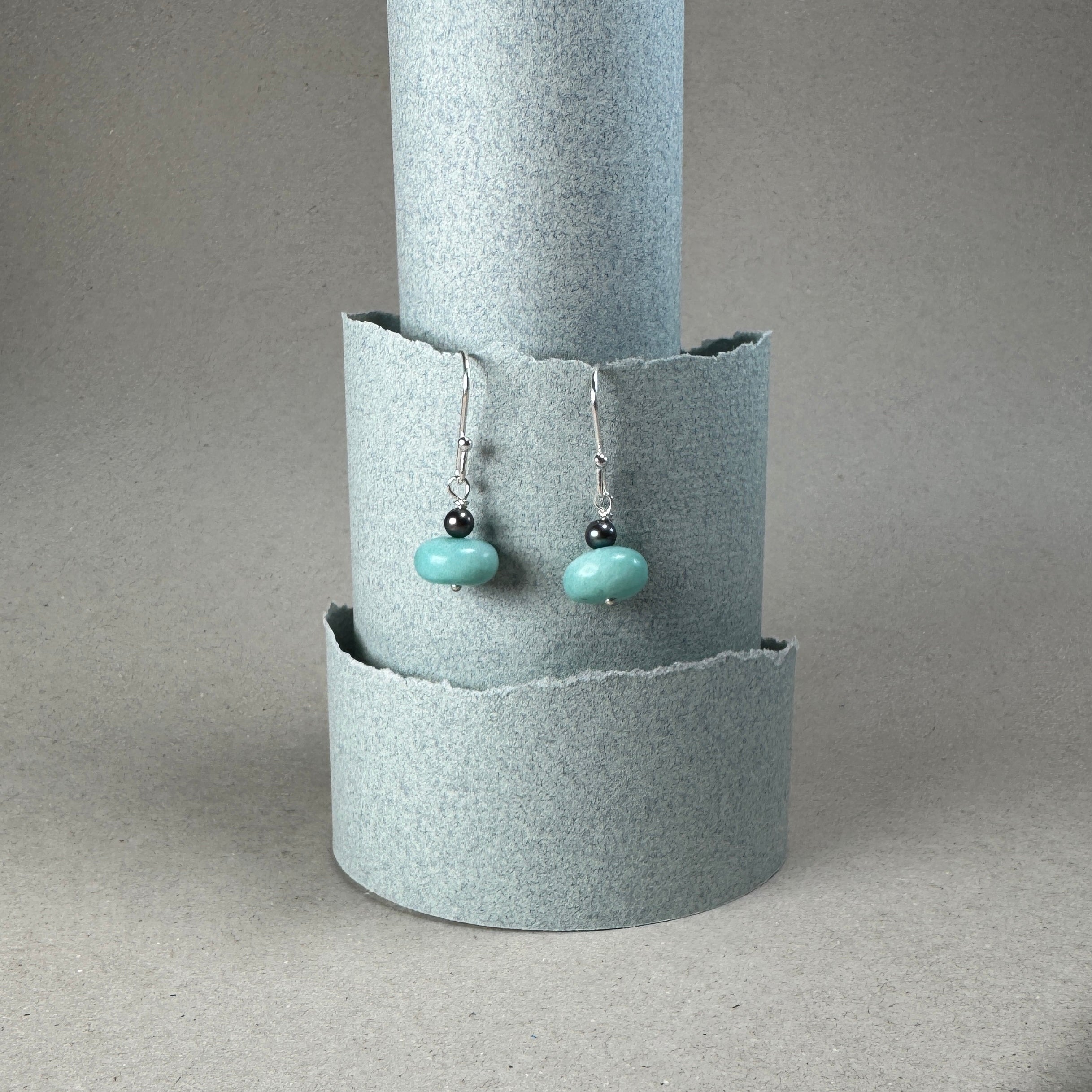 Amazonite with black fresh water pearl sterling silver earrings