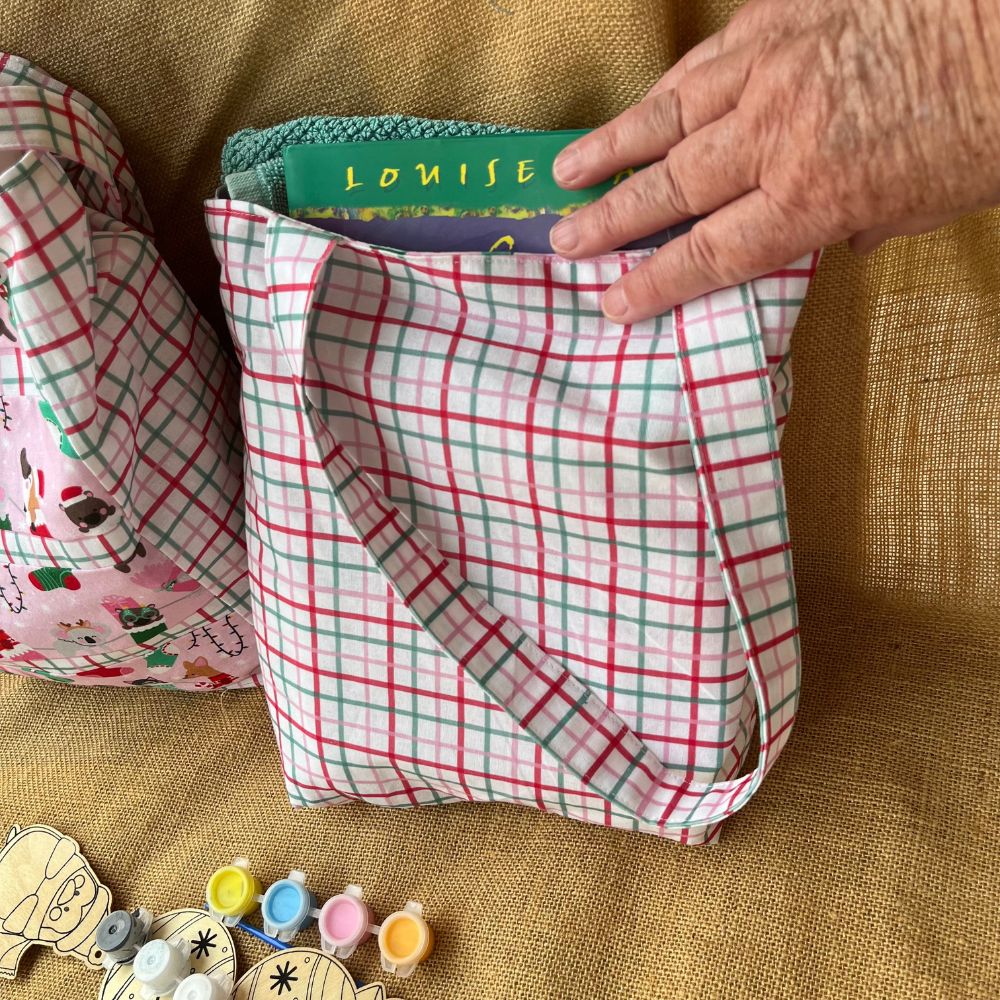 Handmade sustainable reusable fabric gift totes - Christmas fabric