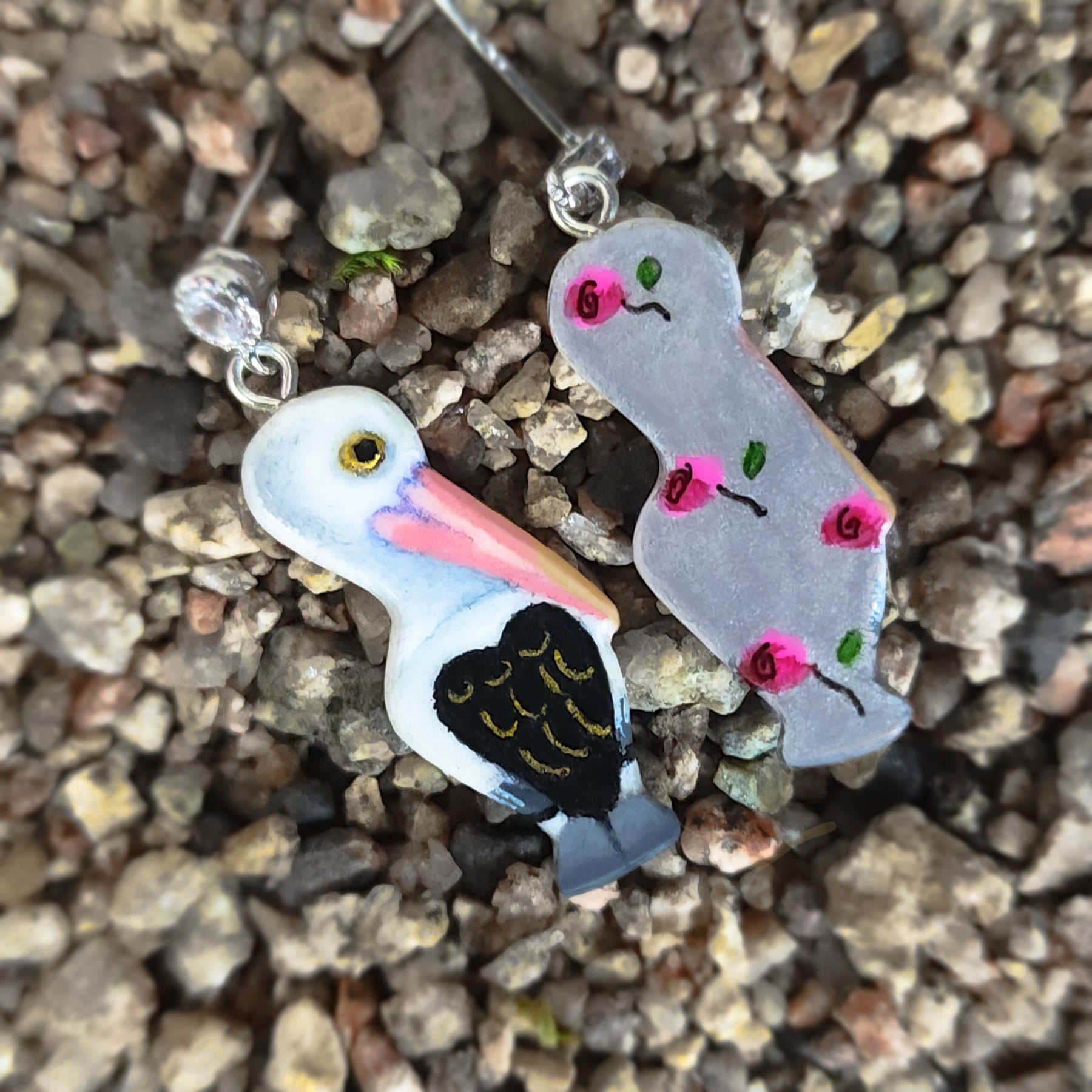 Pelican earrings, studs in sterling silver and cubic zirconia, Australian pelican art earrings, handcarved, handpainted