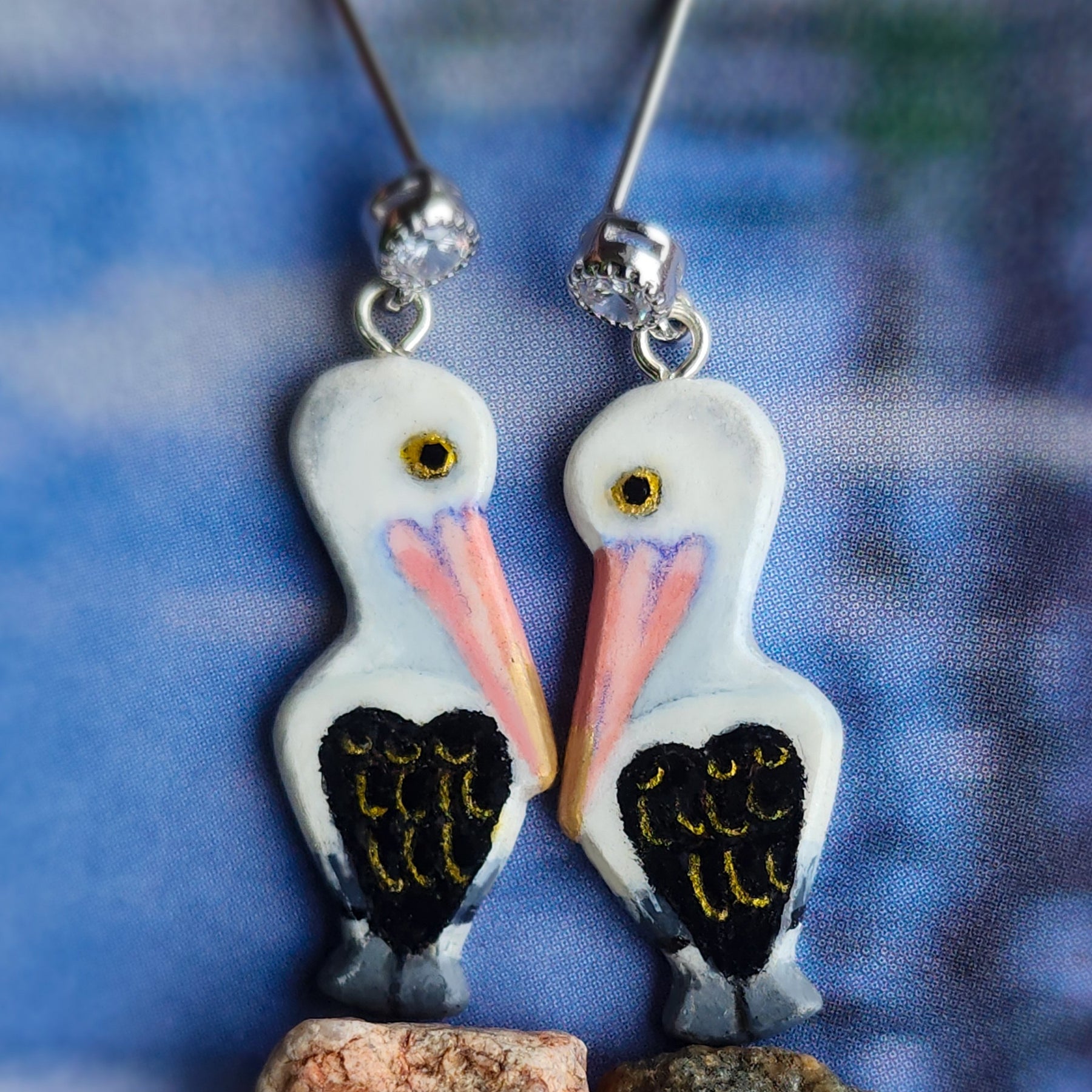 Pelican earrings, studs in sterling silver and cubic zirconia, Australian pelican art earrings, handcarved, handpainted