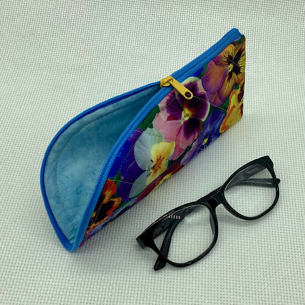 Pansies Glasses Case. Fabric, padded, lightly quilted.