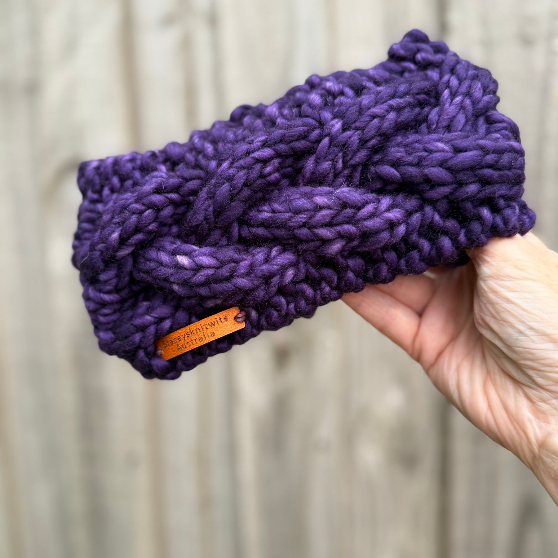 Purple Merino Headband, Ladies Knitted cable winter headband