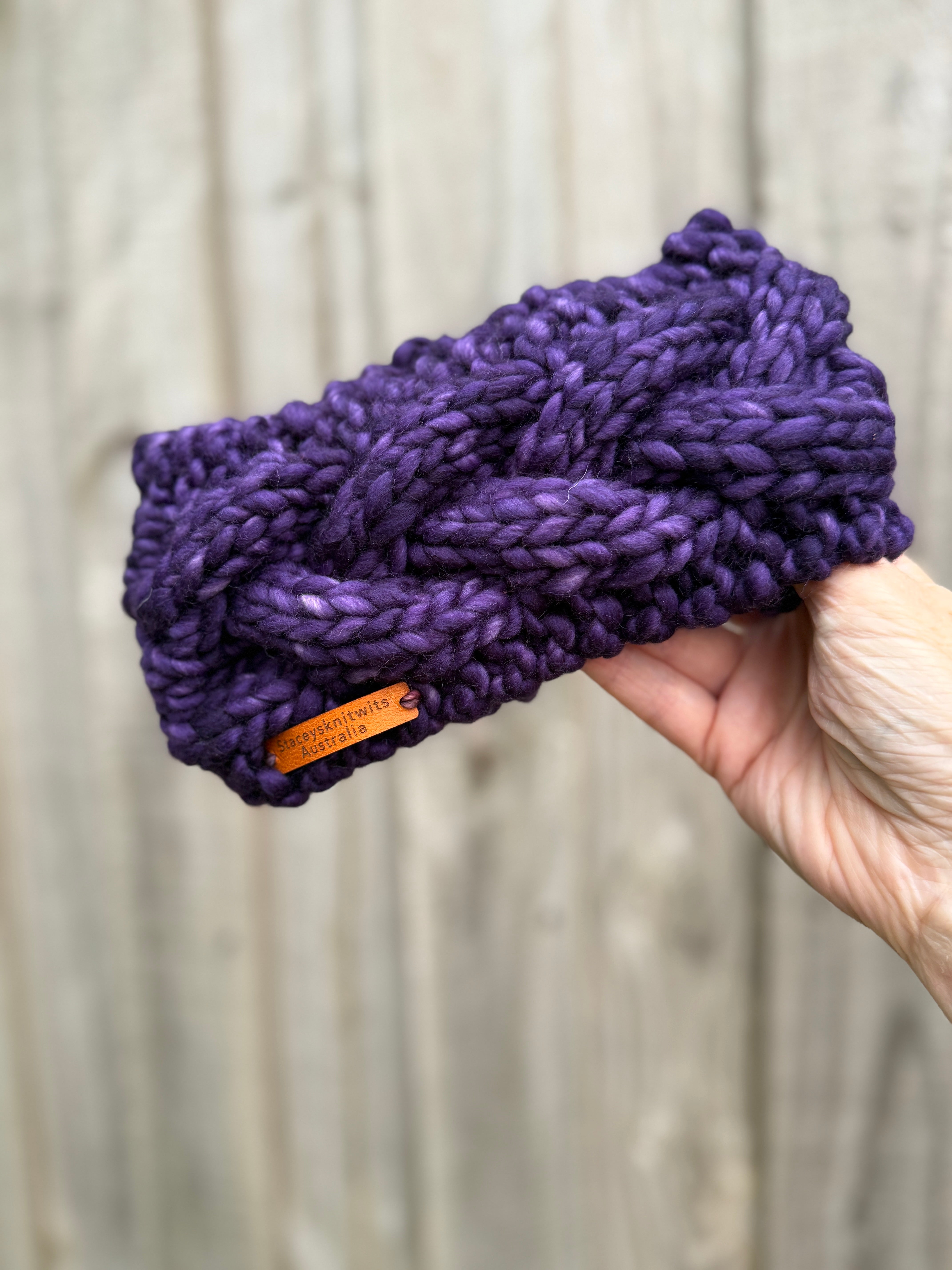 Purple Merino Headband, Ladies Knitted cable winter headband